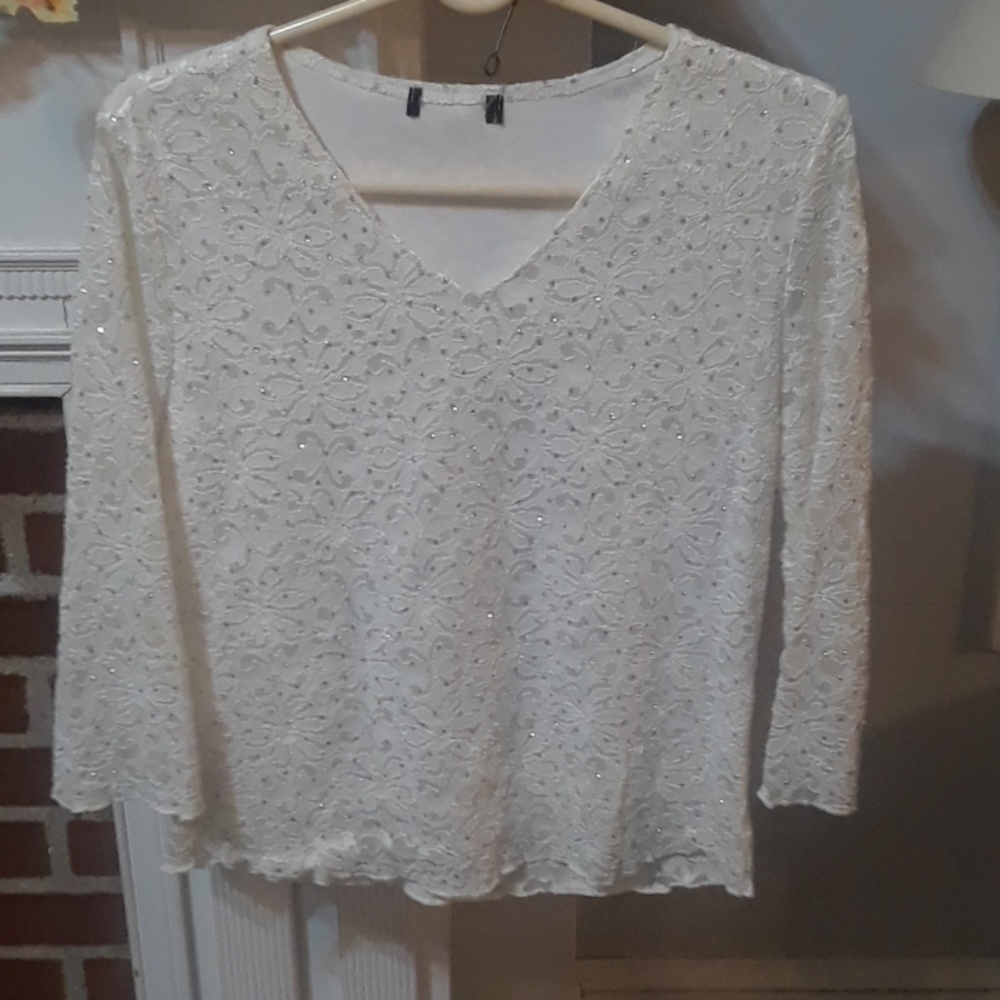 Cream beige floral sparkle holiday top